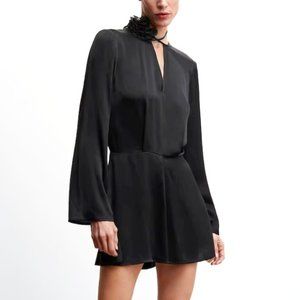 MANGO BLACK SILK ROMPER (W/ MAGDA BUTRYM STYLE FLOWER NECK TIE) SIZE M